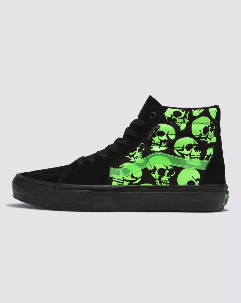 Vans Skate Sk8 Hi Glow Skulls Shoes Unisex Black Green VN0A5FCC5QW